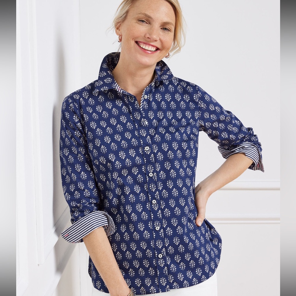 Talbots Navy and White Floral Long Sleeve Top